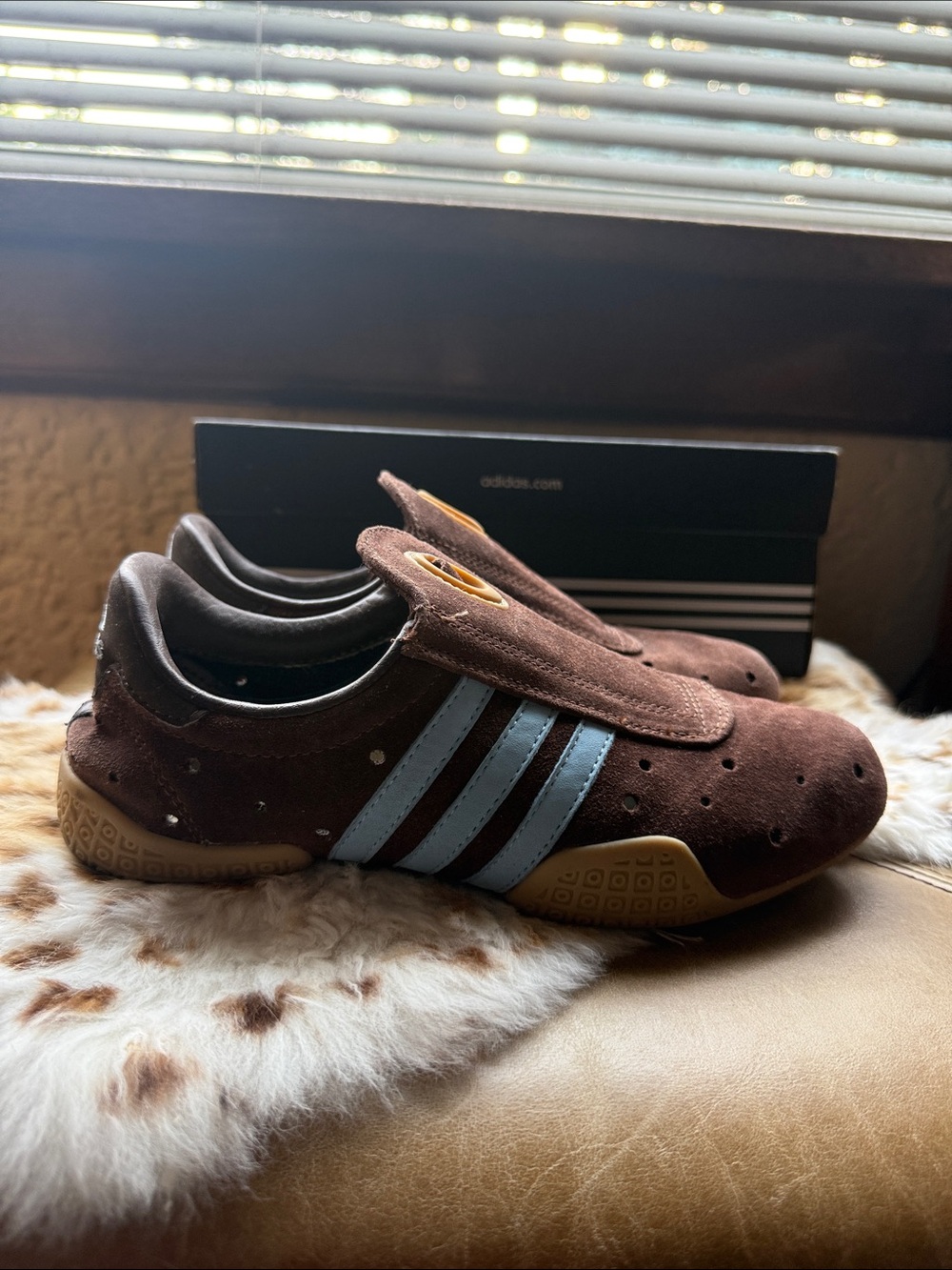 Vintage Adidas Brown Suede Sneakers with Light Blue Stripes